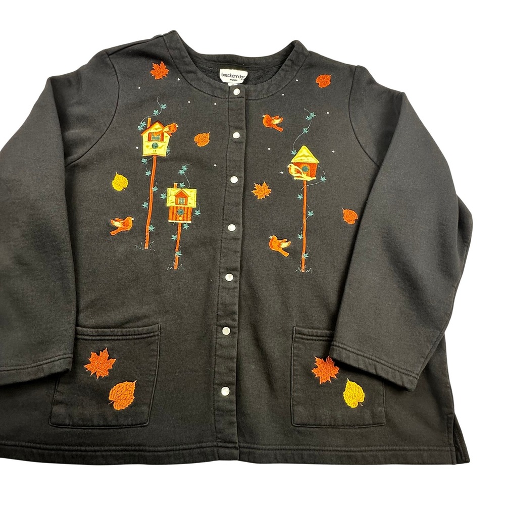 Breckenridge Women's 3X Black Embroidered Birdhouse Leaf Cardigan Sweatshirt - Picture 3 of 15